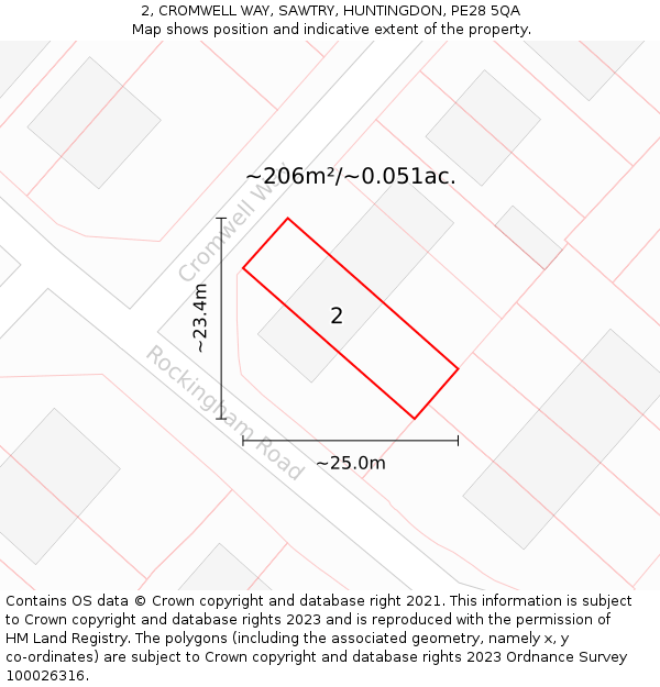 2, CROMWELL WAY, SAWTRY, HUNTINGDON, PE28 5QA: Plot and title map