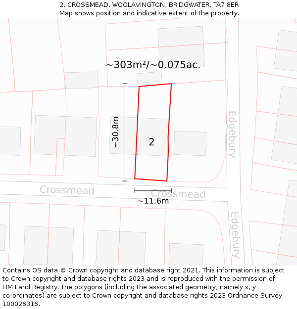 2, CROSSMEAD, WOOLAVINGTON, BRIDGWATER, TA7 8ER: Plot and title map