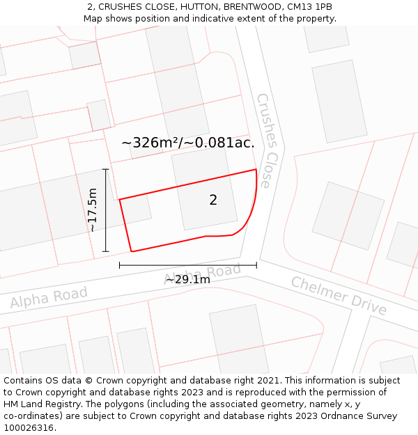 2, CRUSHES CLOSE, HUTTON, BRENTWOOD, CM13 1PB: Plot and title map