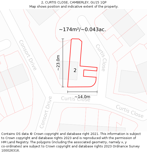 2, CURTIS CLOSE, CAMBERLEY, GU15 1QP: Plot and title map
