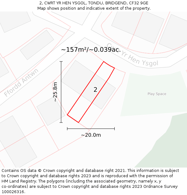 2, CWRT YR HEN YSGOL, TONDU, BRIDGEND, CF32 9GE: Plot and title map