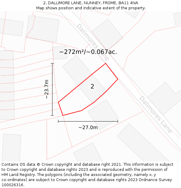 2, DALLIMORE LANE, NUNNEY, FROME, BA11 4NA: Plot and title map