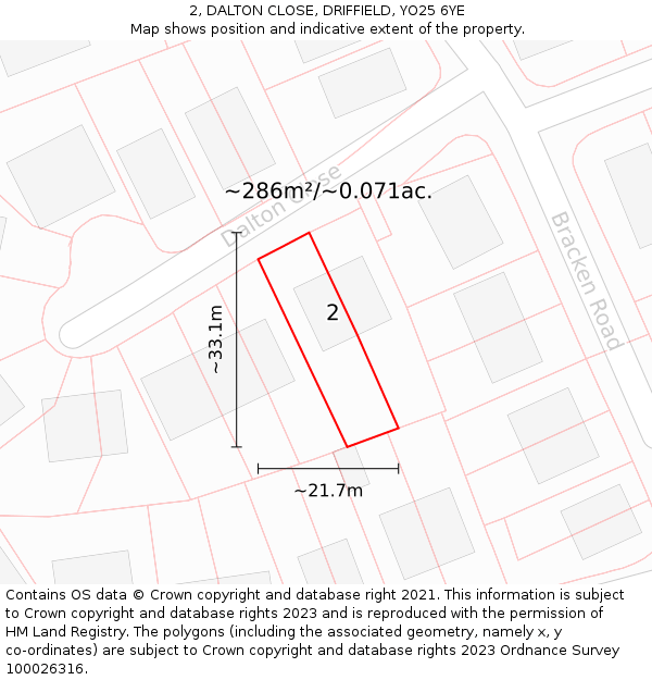 2, DALTON CLOSE, DRIFFIELD, YO25 6YE: Plot and title map