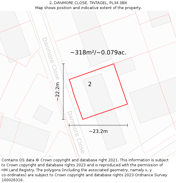 2, DANMORE CLOSE, TINTAGEL, PL34 0BX: Plot and title map