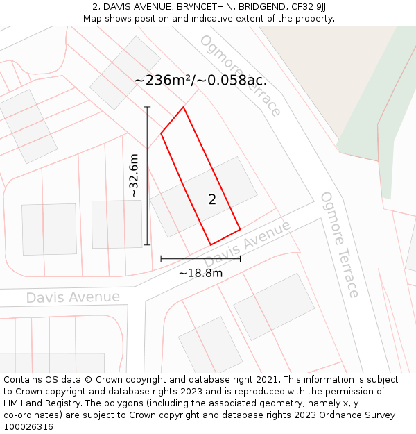 2, DAVIS AVENUE, BRYNCETHIN, BRIDGEND, CF32 9JJ: Plot and title map