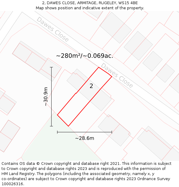 2, DAWES CLOSE, ARMITAGE, RUGELEY, WS15 4BE: Plot and title map