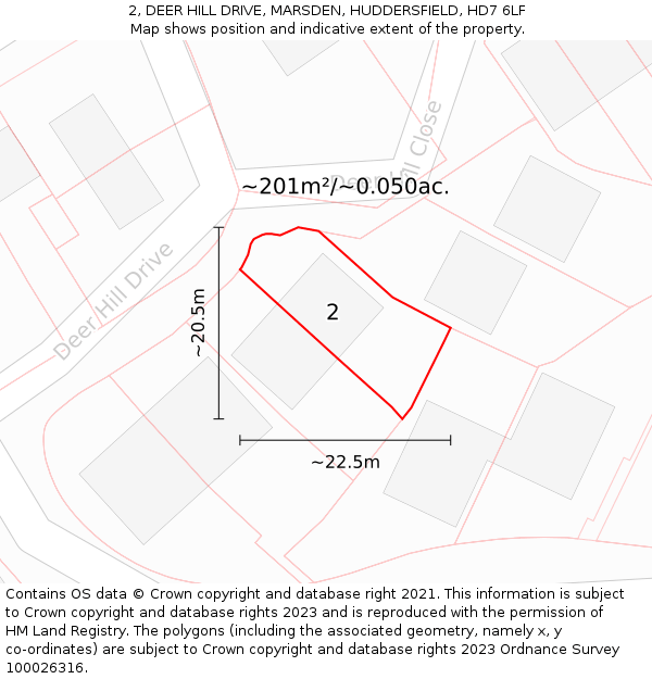 2, DEER HILL DRIVE, MARSDEN, HUDDERSFIELD, HD7 6LF: Plot and title map