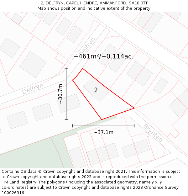 2, DELFRYN, CAPEL HENDRE, AMMANFORD, SA18 3TT: Plot and title map