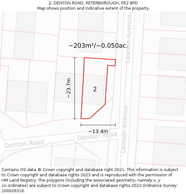 2, DENTON ROAD, PETERBOROUGH, PE2 8PD: Plot and title map