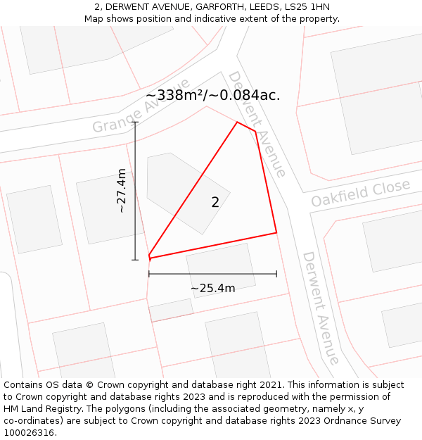 2, DERWENT AVENUE, GARFORTH, LEEDS, LS25 1HN: Plot and title map