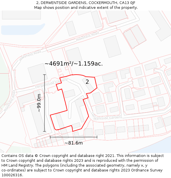 2, DERWENTSIDE GARDENS, COCKERMOUTH, CA13 0JF: Plot and title map