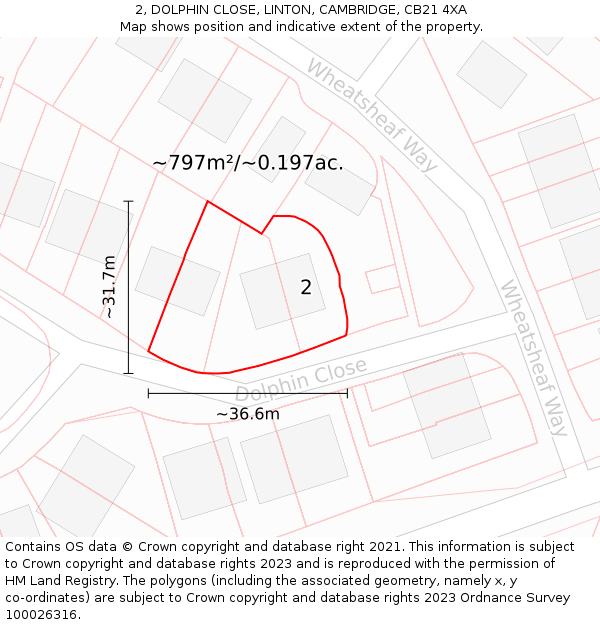 2, DOLPHIN CLOSE, LINTON, CAMBRIDGE, CB21 4XA: Plot and title map