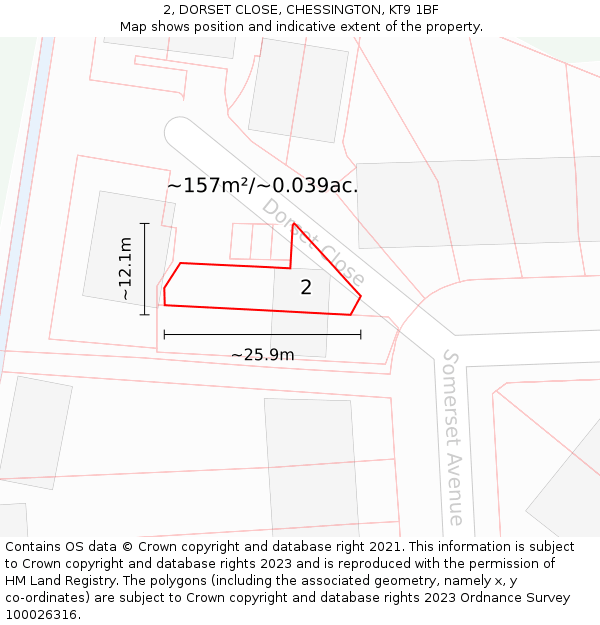2, DORSET CLOSE, CHESSINGTON, KT9 1BF: Plot and title map