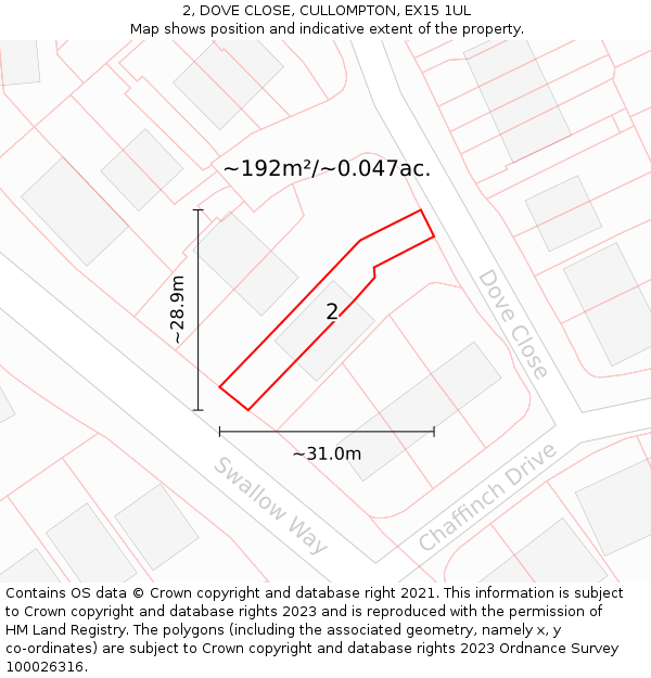 2, DOVE CLOSE, CULLOMPTON, EX15 1UL: Plot and title map