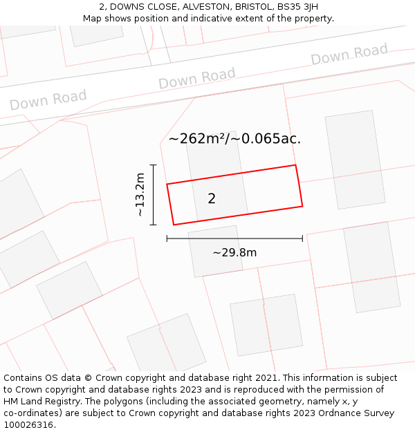 2, DOWNS CLOSE, ALVESTON, BRISTOL, BS35 3JH: Plot and title map