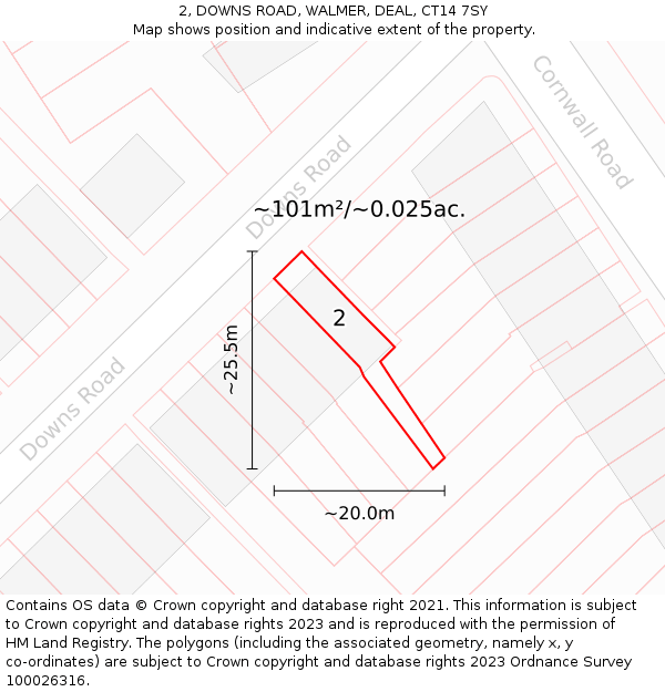 2, DOWNS ROAD, WALMER, DEAL, CT14 7SY: Plot and title map