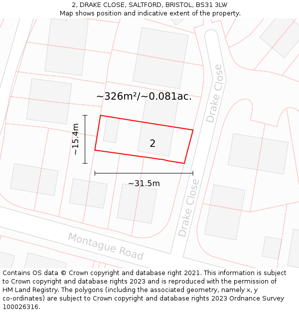 2, DRAKE CLOSE, SALTFORD, BRISTOL, BS31 3LW: Plot and title map