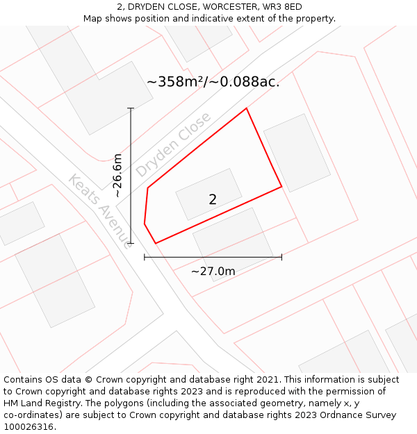 2, DRYDEN CLOSE, WORCESTER, WR3 8ED: Plot and title map