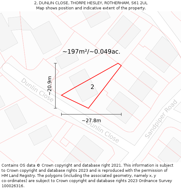 2, DUNLIN CLOSE, THORPE HESLEY, ROTHERHAM, S61 2UL: Plot and title map