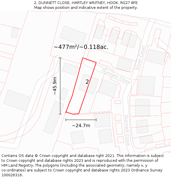 2, DUNNETT CLOSE, HARTLEY WINTNEY, HOOK, RG27 8FE: Plot and title map