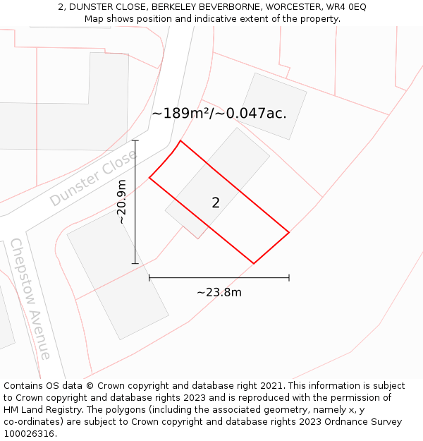 2, DUNSTER CLOSE, BERKELEY BEVERBORNE, WORCESTER, WR4 0EQ: Plot and title map