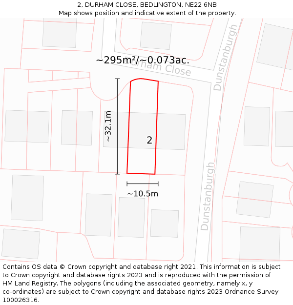 2, DURHAM CLOSE, BEDLINGTON, NE22 6NB: Plot and title map