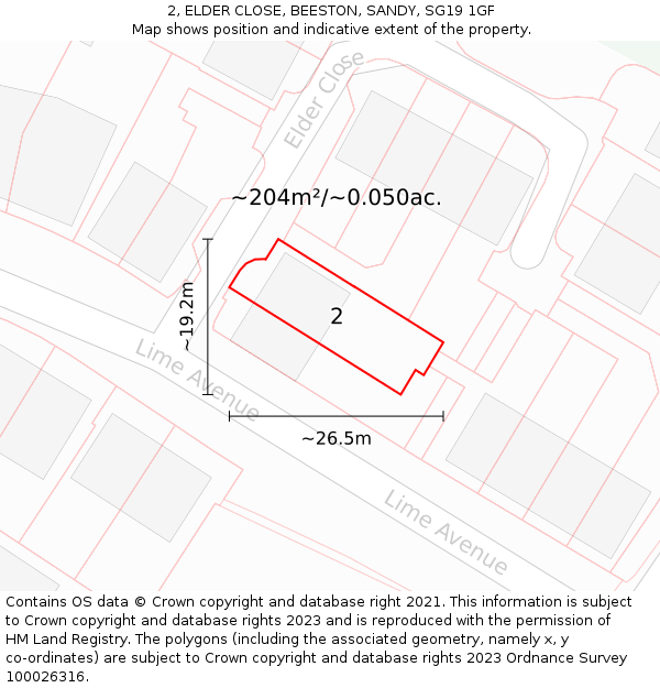2, ELDER CLOSE, BEESTON, SANDY, SG19 1GF: Plot and title map