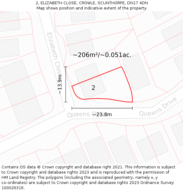 2, ELIZABETH CLOSE, CROWLE, SCUNTHORPE, DN17 4DN: Plot and title map