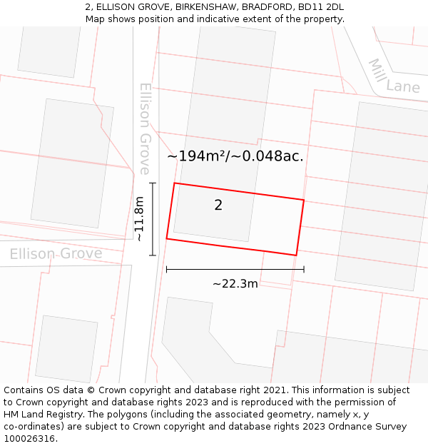 2, ELLISON GROVE, BIRKENSHAW, BRADFORD, BD11 2DL: Plot and title map