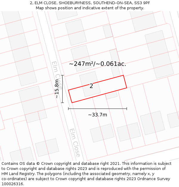 2, ELM CLOSE, SHOEBURYNESS, SOUTHEND-ON-SEA, SS3 9PF: Plot and title map
