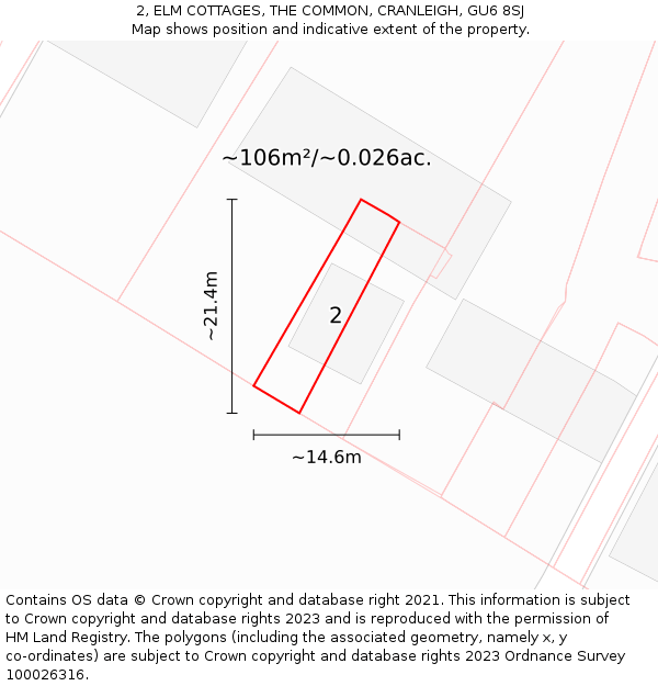 2, ELM COTTAGES, THE COMMON, CRANLEIGH, GU6 8SJ: Plot and title map