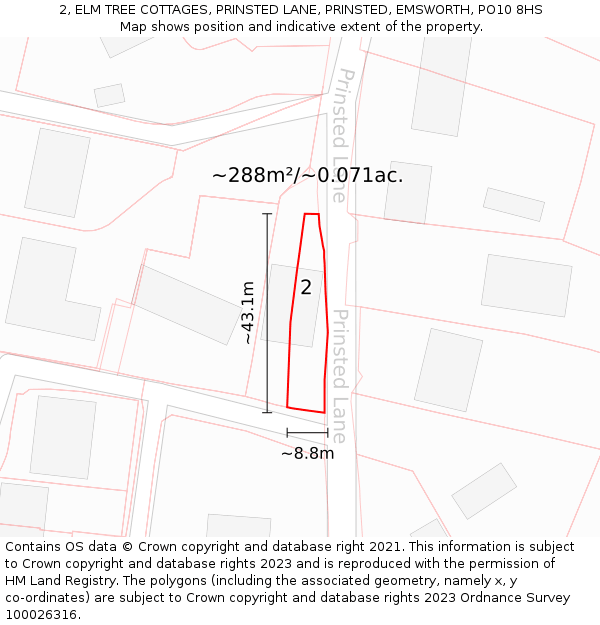 2, ELM TREE COTTAGES, PRINSTED LANE, PRINSTED, EMSWORTH, PO10 8HS: Plot and title map