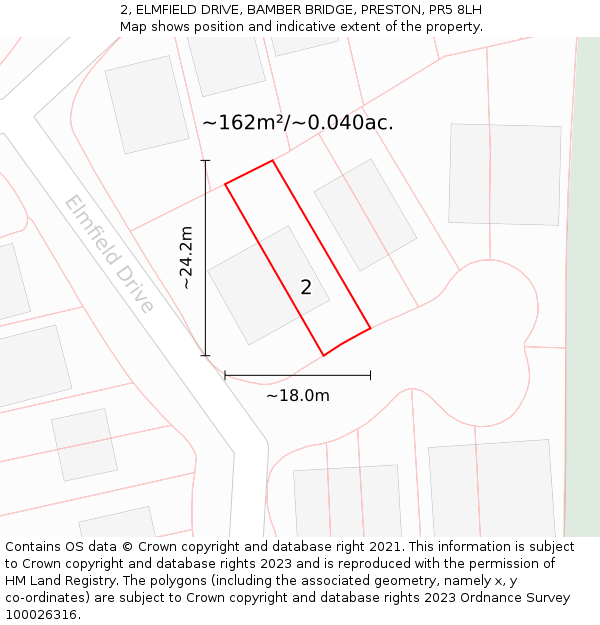 2, ELMFIELD DRIVE, BAMBER BRIDGE, PRESTON, PR5 8LH: Plot and title map