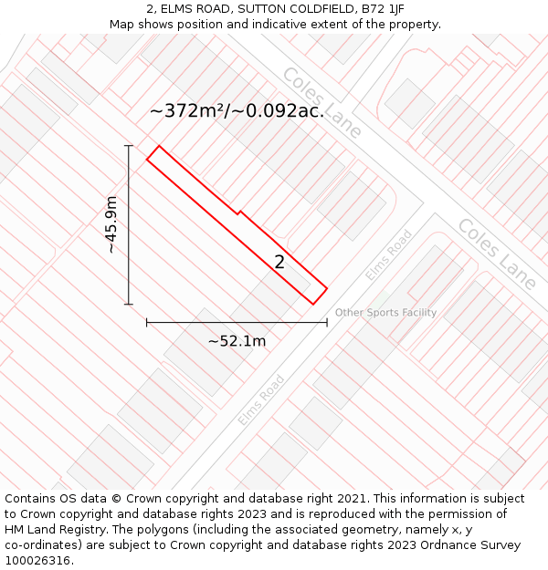 2, ELMS ROAD, SUTTON COLDFIELD, B72 1JF: Plot and title map