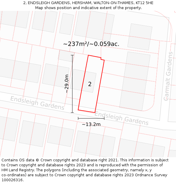 2, ENDSLEIGH GARDENS, HERSHAM, WALTON-ON-THAMES, KT12 5HE: Plot and title map