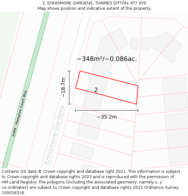 2, ENNISMORE GARDENS, THAMES DITTON, KT7 0YS: Plot and title map
