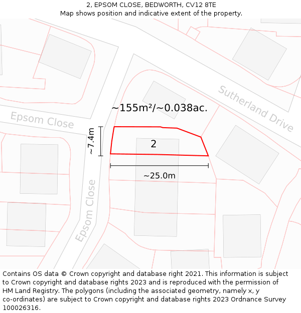 2, EPSOM CLOSE, BEDWORTH, CV12 8TE: Plot and title map