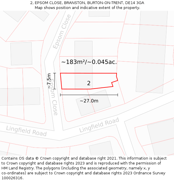 2, EPSOM CLOSE, BRANSTON, BURTON-ON-TRENT, DE14 3GA: Plot and title map