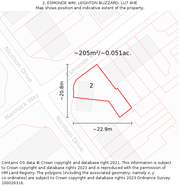 2, ESMONDE WAY, LEIGHTON BUZZARD, LU7 4HE: Plot and title map