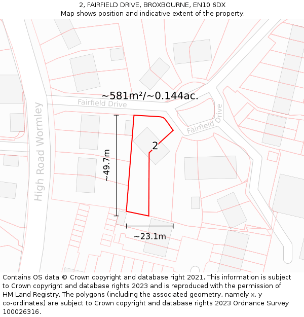 2, FAIRFIELD DRIVE, BROXBOURNE, EN10 6DX: Plot and title map
