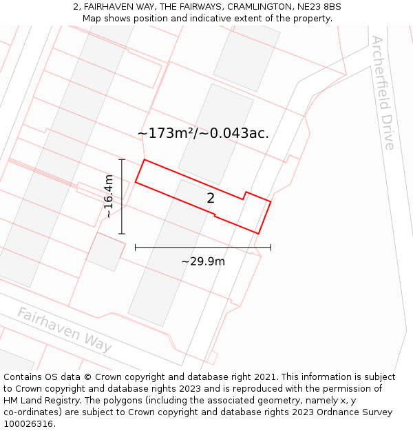 2, FAIRHAVEN WAY, THE FAIRWAYS, CRAMLINGTON, NE23 8BS: Plot and title map