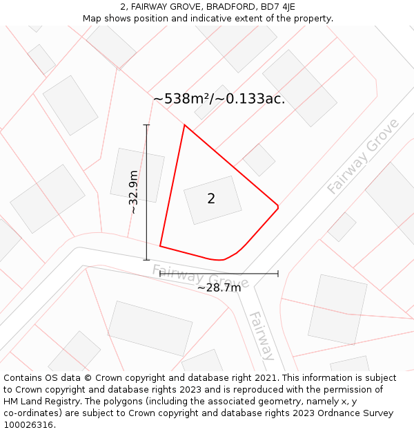 2, FAIRWAY GROVE, BRADFORD, BD7 4JE: Plot and title map