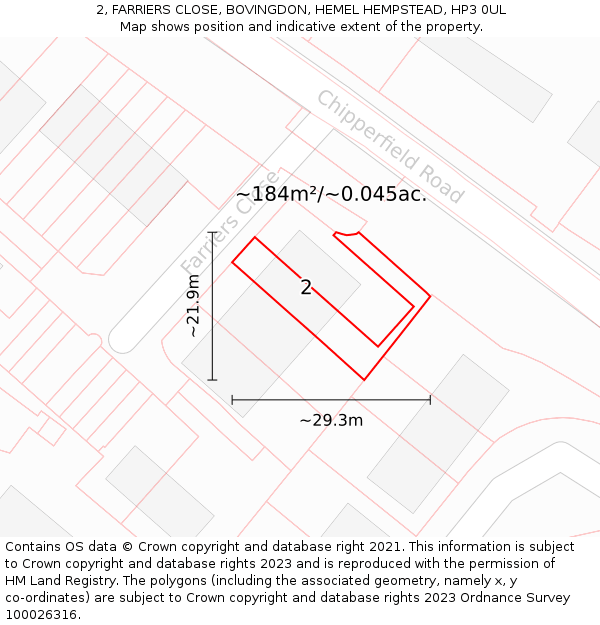 2, FARRIERS CLOSE, BOVINGDON, HEMEL HEMPSTEAD, HP3 0UL: Plot and title map