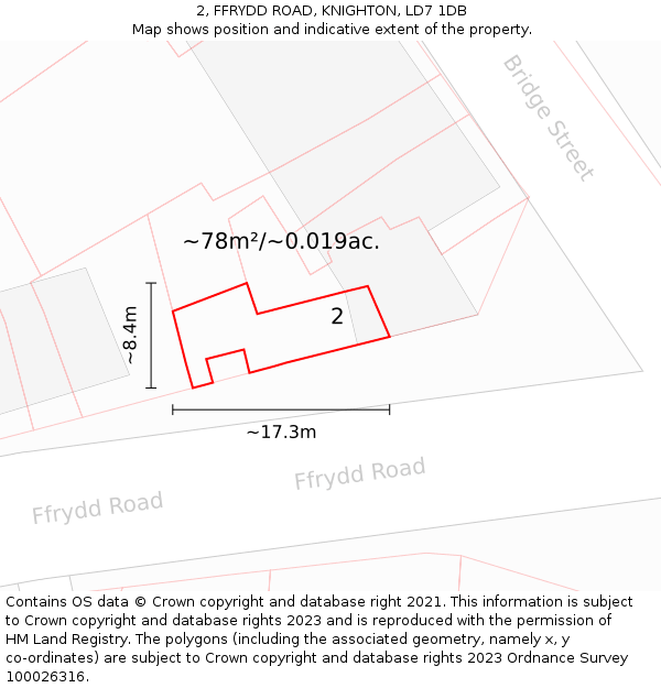 2, FFRYDD ROAD, KNIGHTON, LD7 1DB: Plot and title map
