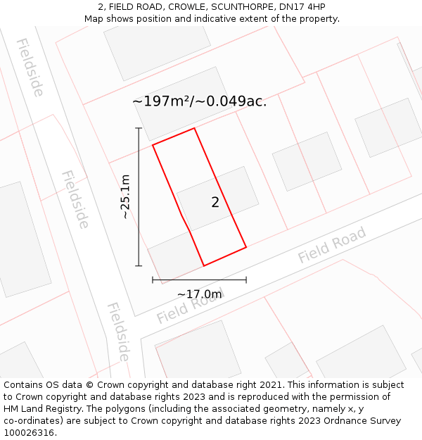 2, FIELD ROAD, CROWLE, SCUNTHORPE, DN17 4HP: Plot and title map