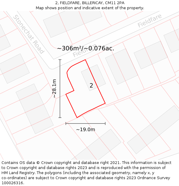 2, FIELDFARE, BILLERICAY, CM11 2PA: Plot and title map