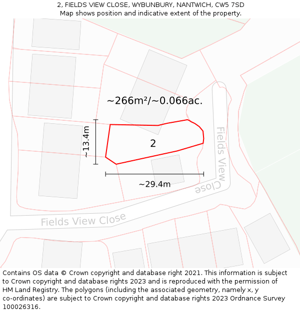 2, FIELDS VIEW CLOSE, WYBUNBURY, NANTWICH, CW5 7SD: Plot and title map