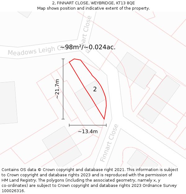 2, FINNART CLOSE, WEYBRIDGE, KT13 8QE: Plot and title map