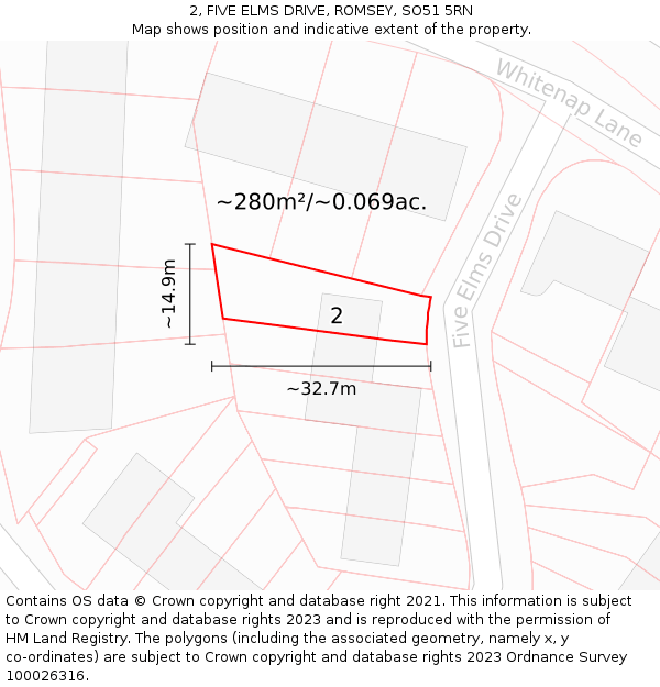 2, FIVE ELMS DRIVE, ROMSEY, SO51 5RN: Plot and title map