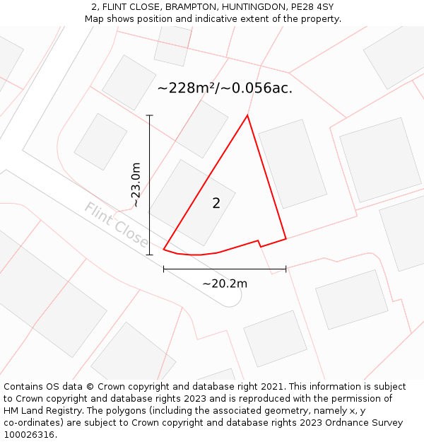 2, FLINT CLOSE, BRAMPTON, HUNTINGDON, PE28 4SY: Plot and title map